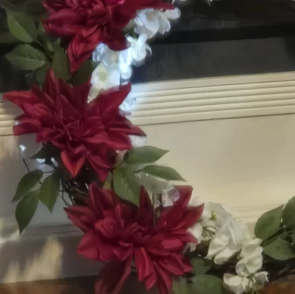 Handcrafted Wooded 15X17 White Wisteria & Burgundy Chrysanthemum Wreath - Picture 3 of 3